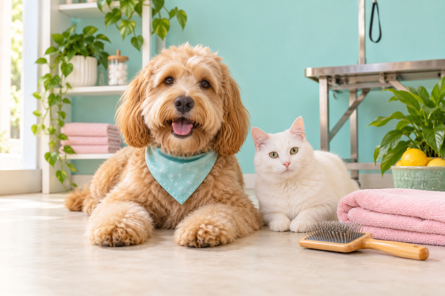 Illustrative dog and cat in a turquoise grooming studio; not an owner photograph or exact customer result.